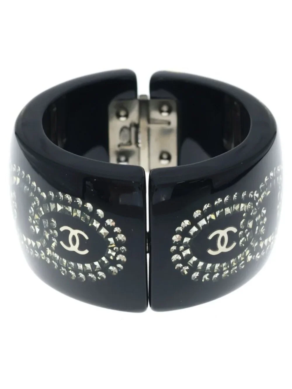 Chanel CC Logo Rhinestone Bangle Bracelet Black